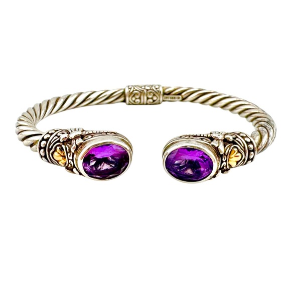 18k Gold Accent 925 Silver Amethyst Cuff Bracelet "Dragonfly Den in Purple" - Picture 1 of 11